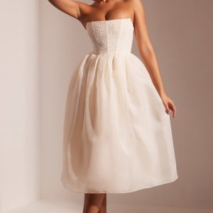 Embellished Corset Tulle Skirt Midi Dress in Ivory