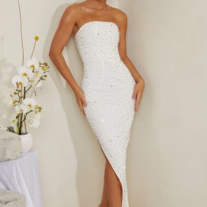 Hand Embellished Asymmetric Midi Dress in White