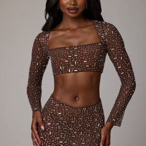 Sheer Embellished V Waist Mini Skirt in Deep Cocoa