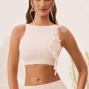Open Back Ruched Ruffle Crop Top in Ivory