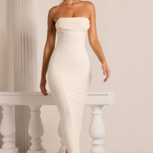 Embellished Bandeau Cowl Neck Maxi Dress in White