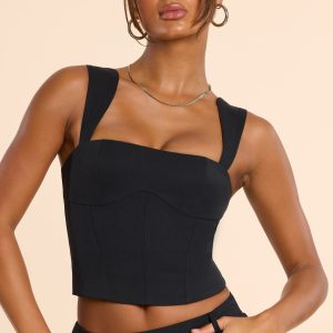 Brushed Twill Square Neck Tailored Top in Black