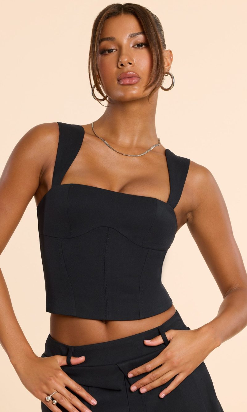 Brushed Twill Square Neck Tailored Top in Black