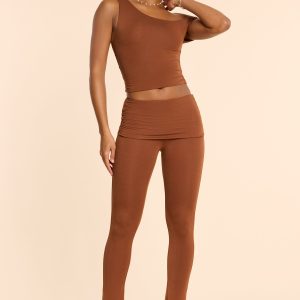 Petite Mid Rise Modal Cashmere Blend Trousers in Chestnut Brown