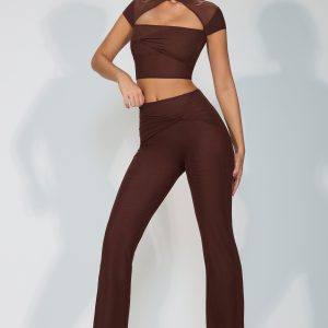 Petite Mesh Mid Rise Twist Overlay Flare Trousers in Espresso