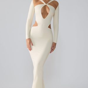 Premium Jersey Long Sleeve Cut Out Maxi Dress in Ivory