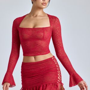 Lace Ruffle Mini Skirt in Cherry Red