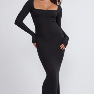 Ribbed Modal Long Sleeve Maxi Dress in Black