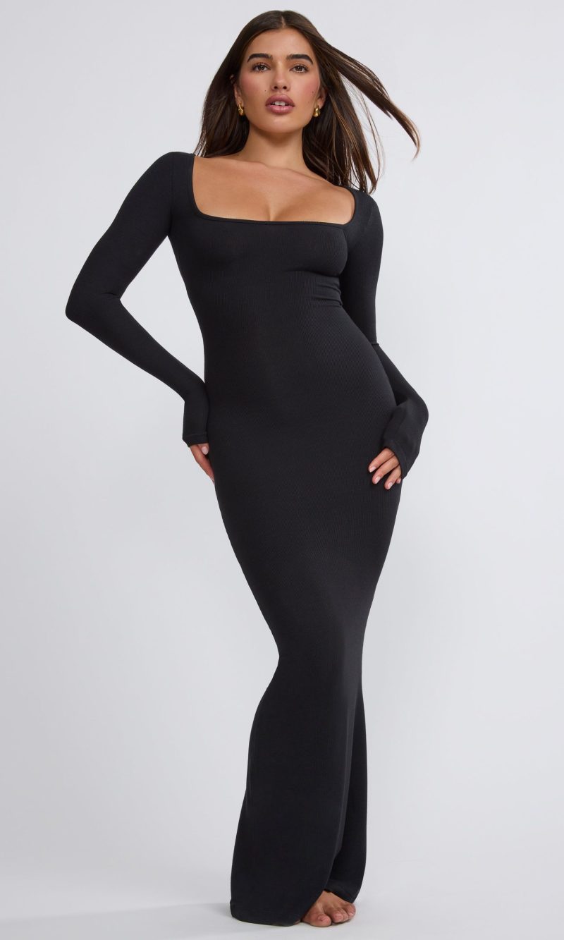 Ribbed Modal Long Sleeve Maxi Dress in Black