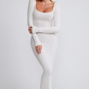 Ribbed Modal Long Sleeve Maxi Dress in White
