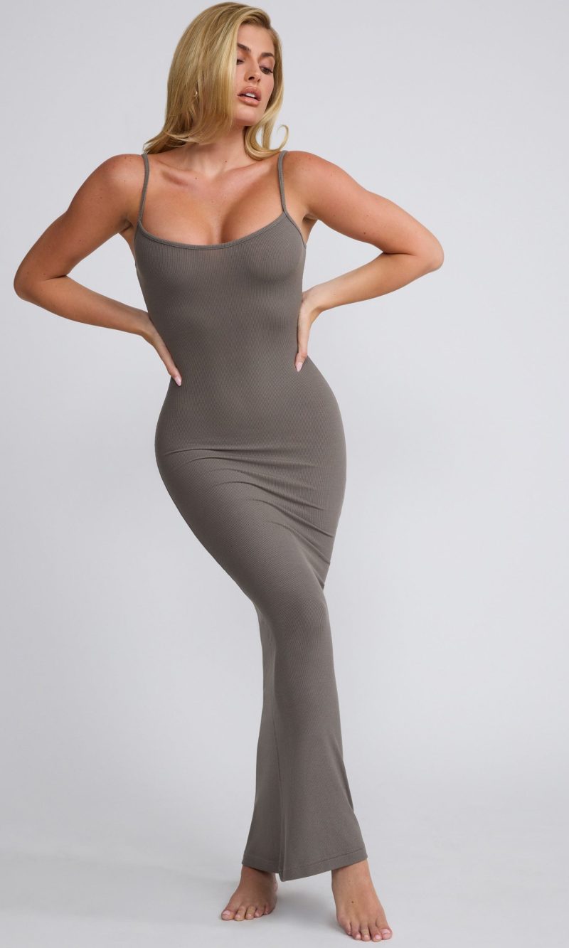Ribbed Modal Square Neck Maxi Dress in Grey