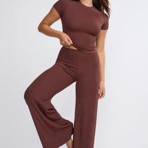 Mid Rise Wide Leg Trouser in Chocolate