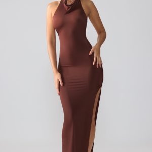 Premium Jersey Cowl Neck Backless Maxi Dress in Espresso