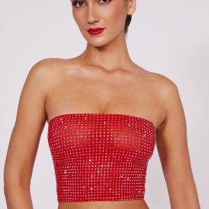 Embellished Strapless Crop Top in Fire Red