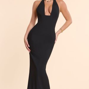 Woven Twill Halter Neck Plunge Maxi Dress in Black