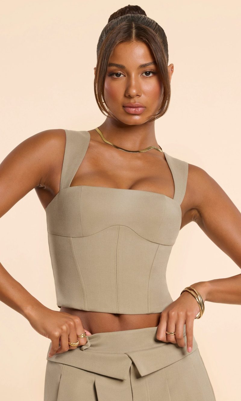 Brushed Twill Square Neck Tailored Top in Taupe