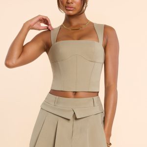 Brushed Twill Mid Rise Pleated Micro Mini Skirt in Taupe