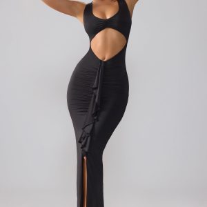 Slinky Jersey Cut Out Ruffle Racerback Maxi Dress in Black