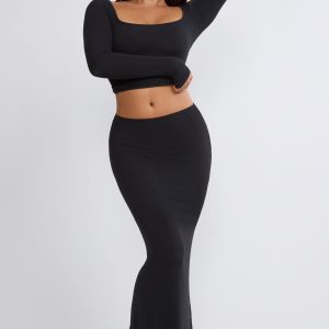 Ribbed Modal Mid Rise Maxi Skirt in Black