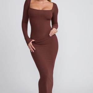 Ribbed Modal Mid Rise Maxi Skirt in Chocolate