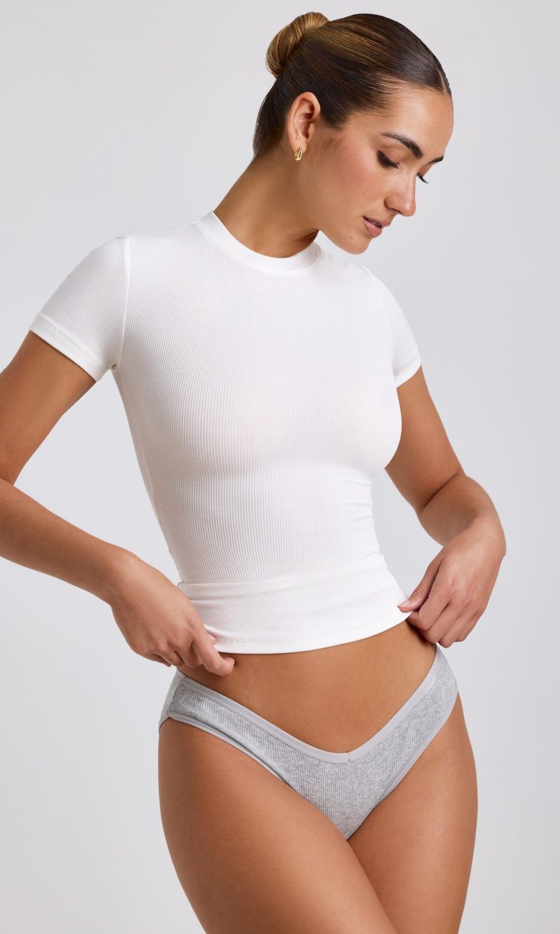 Ribbed Modal High Neck Top in White