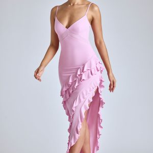 Panelled Ruffle Evening Gown in Baby Pink