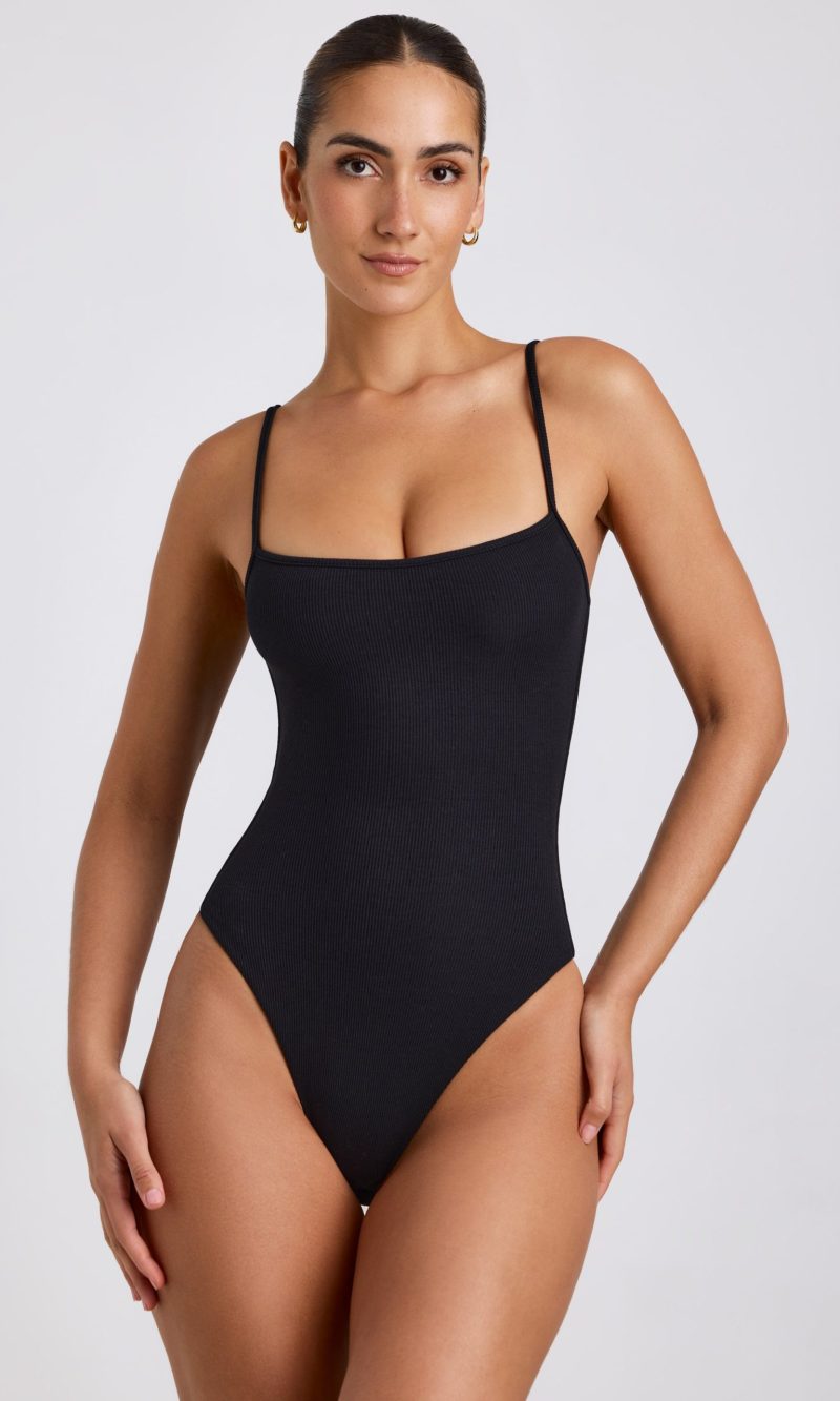Ribbed Modal Square Neck Bodysuit in Black