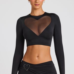 Sheer Panelled Long Sleeve Crop Top in Black