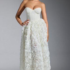 Embellished Floral-Appliqué Corset Gown in White