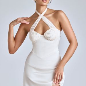 Cross-Neck A-Line Mini Dress in Ivory