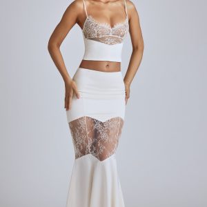 Lace Panel Fishtail Gown Skirt in Ivory