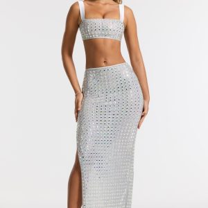 Embellished Mid Rise Gown Skirt in Silver