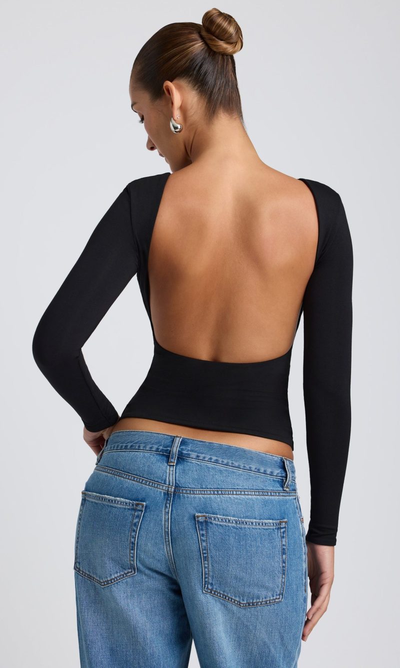 Modal High Neck Long Sleeve Open Back Top in Black