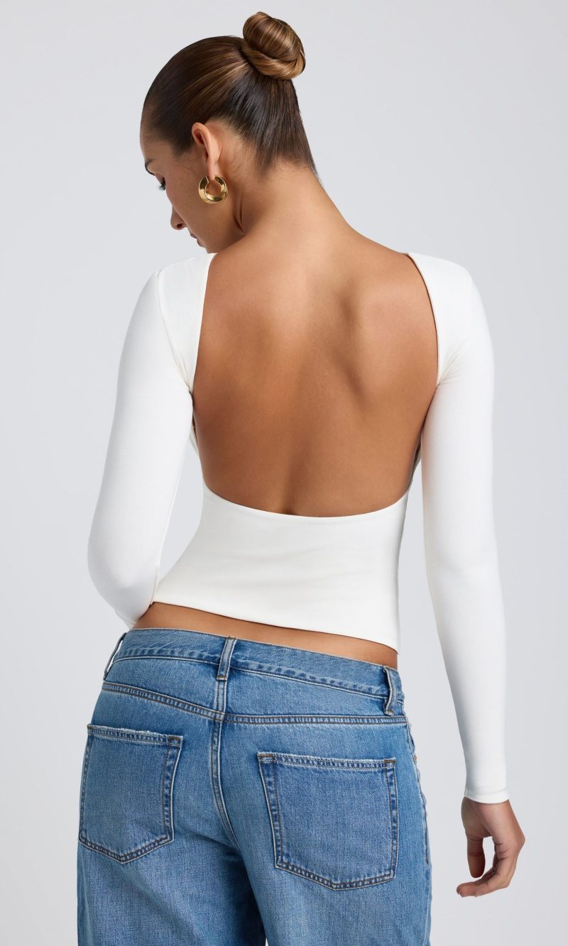Modal High Neck Long Sleeve Open Back Top in White