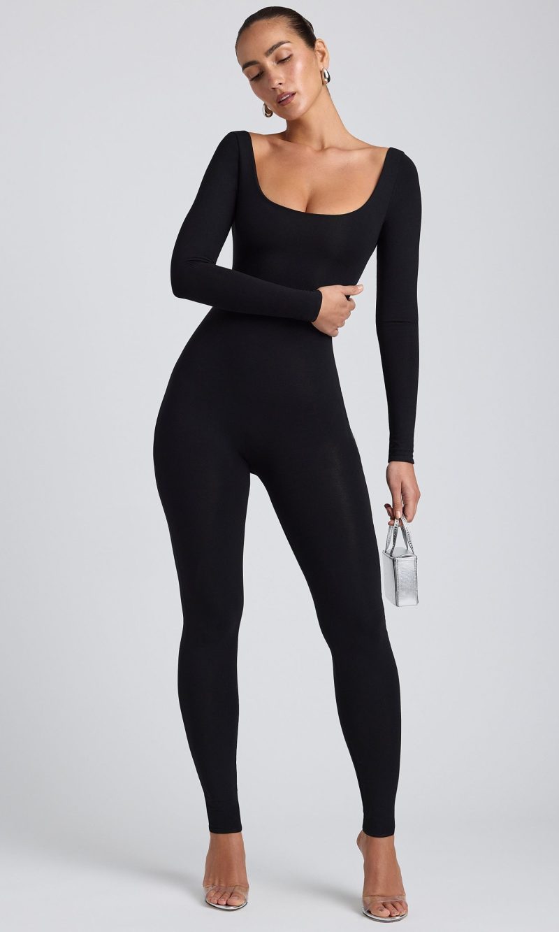 Modal Scoop-Neck Cross-Back Jumpsuit in Black