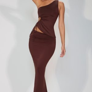 Slinky Jersey Asymmetric Waist Maxi Skirt in Espresso
