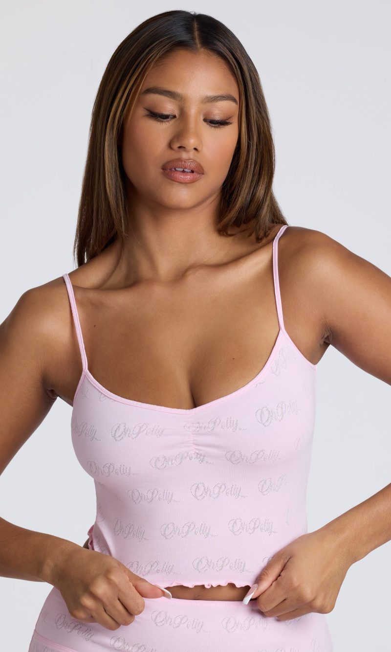 Strappy Ruched Pointelle Crop Top in Baby Pink