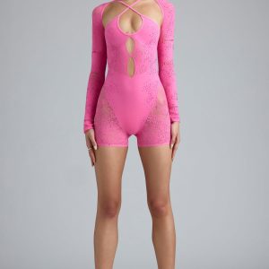 Embellished Cut-Out Unitard in Bubblegum Pink