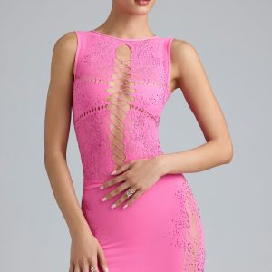 Embellished Lace-Up High-Neck Top in Bubblegum Pink