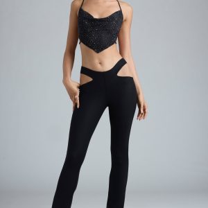 Petite Metallic Cut-Out Low-Rise Flared Trousers in Black