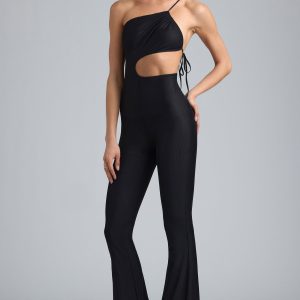 Metallic Ruched Cut-Out Flared Jumpsuit in Black