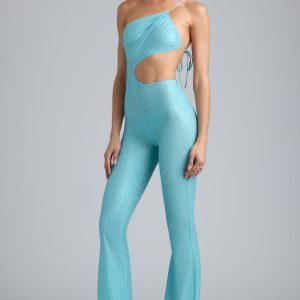 Metallic Ruched Cut-Out Flared Jumpsuit in Ice Blue