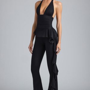 Metallic Ruffle Low-Rise Flared Trousers in Black