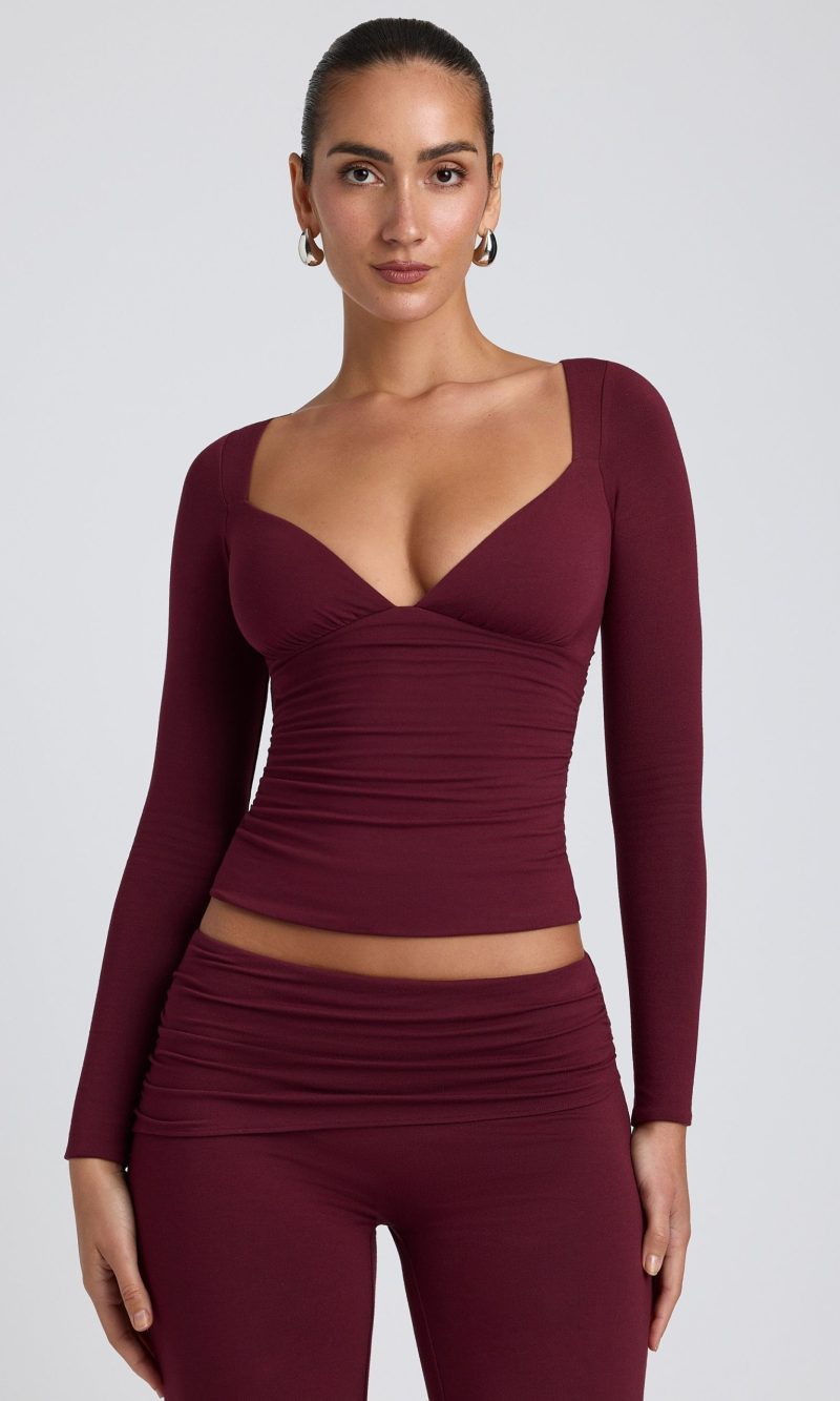 Modal Ruched Long-Sleeve Top in Plum