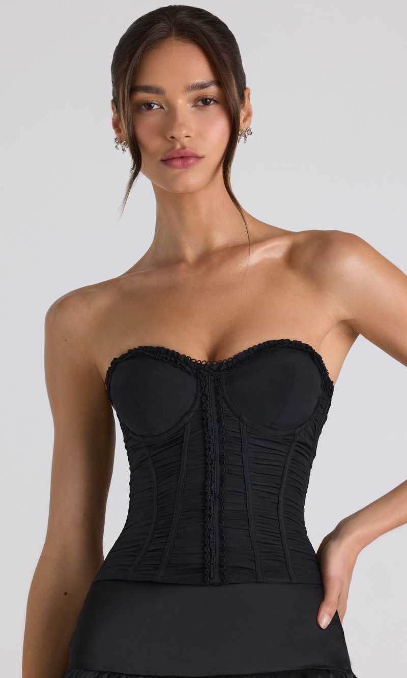 Ruched Lace-Up Strapless Corset Top in Black