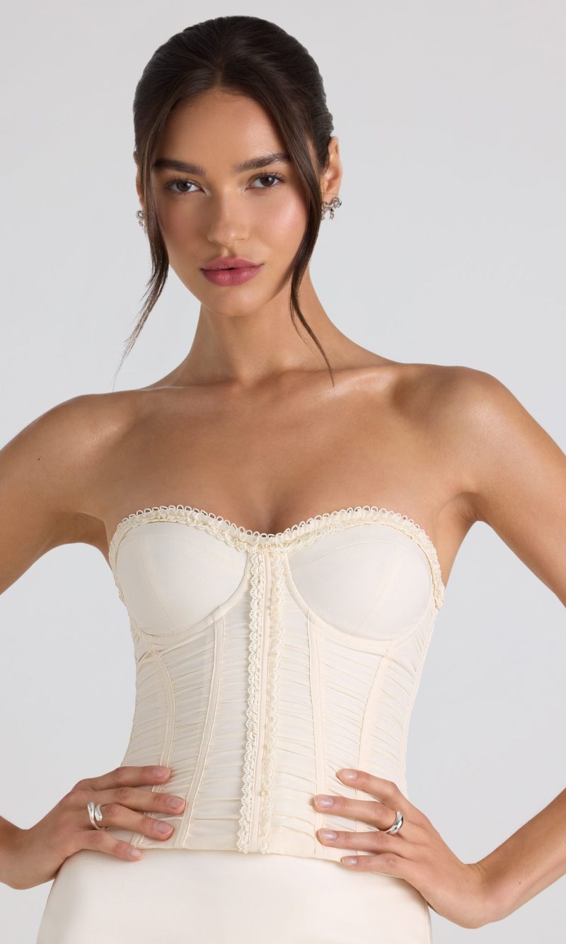 Ruched Lace-Up Strapless Corset Top in Ivory