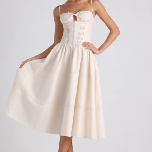 Lace-Trim Pintucked Poplin Midaxi Dress in Ivory