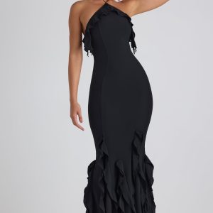 Ruffle-Trim Halterneck Gown in Black