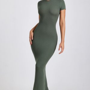 Ribbed Modal Maxi Dress in Khaki Green
