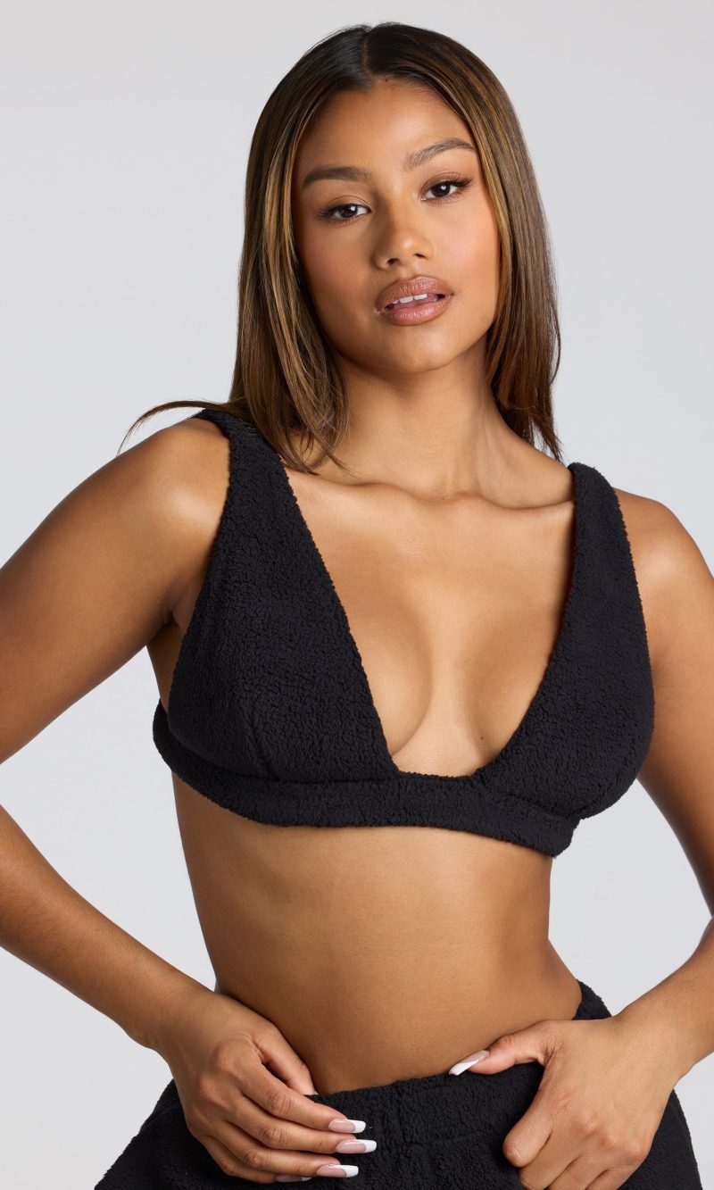 V Neck Fleece Bralette in Black